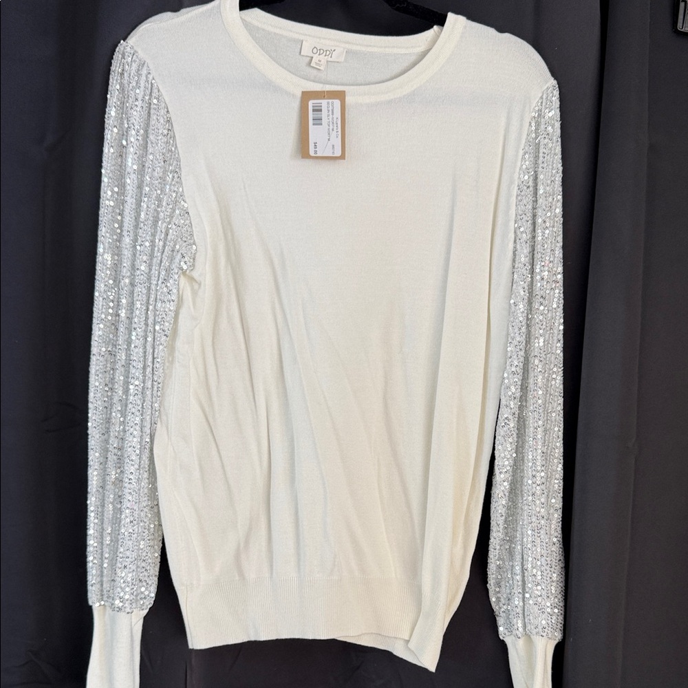 White Sweater with Silver Sequin Sleeves